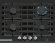 PRP6A6H40 Gaskochfeld 60cm Hartglas Schwarz FlameSelect abnehmbare Metallknebel TouchControl